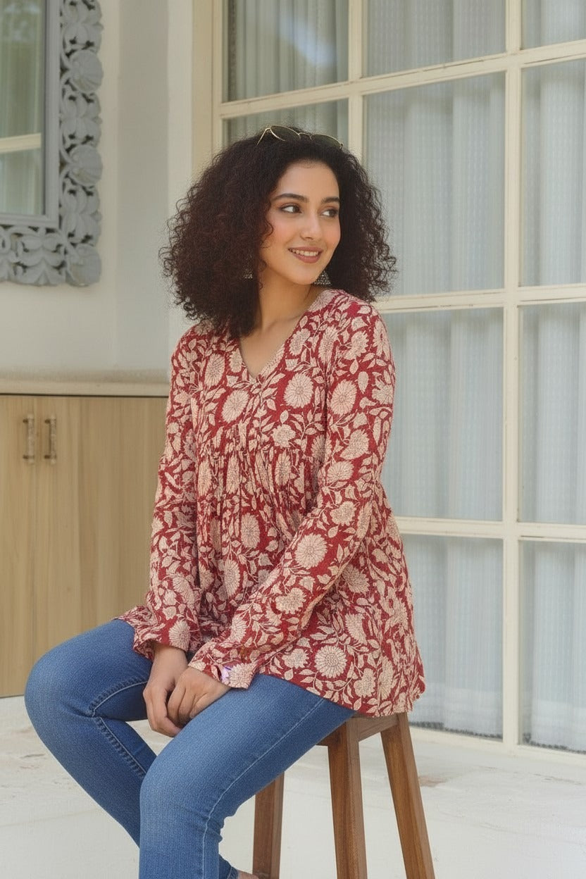 Red Sunflower Printed Cotton Short Kurti with Full Sleeves
