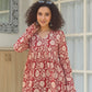Red Sunflower Printed Cotton Short Kurti with Full Sleeves