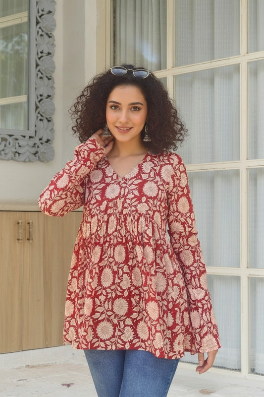 Red Sunflower Printed Cotton Short Kurti with Full Sleeves