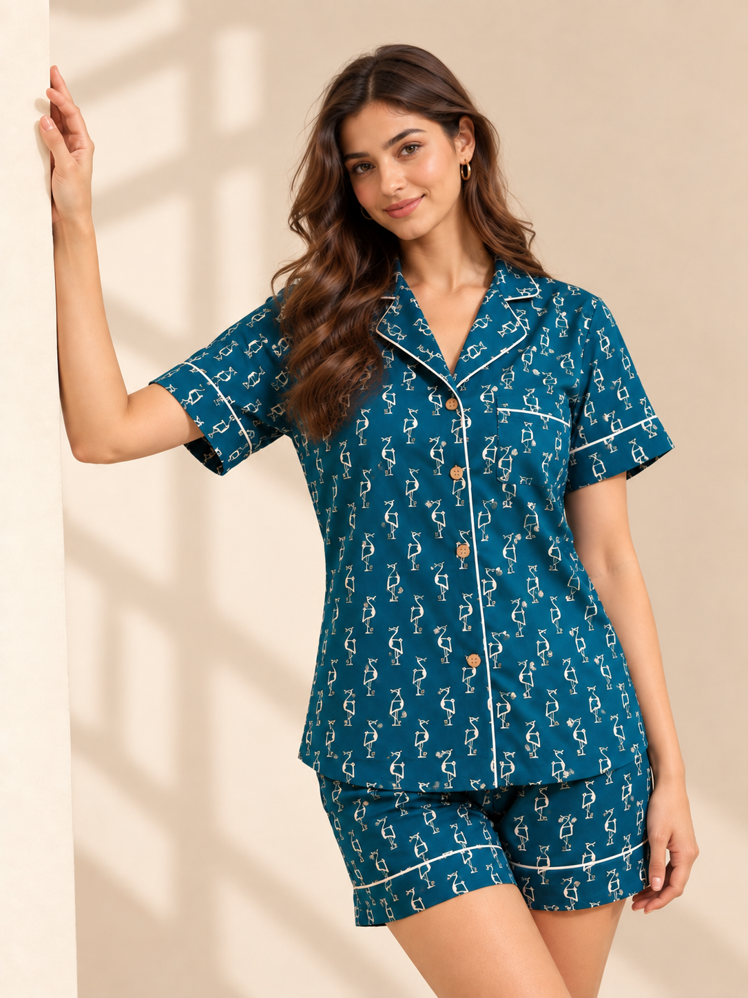 100% Cotton Women's Blue Flamingo Print Sleep Set