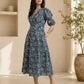 Aavinyaa Printed Cotton Blue Floral Puff Sleeve Dress with Pockets for Women