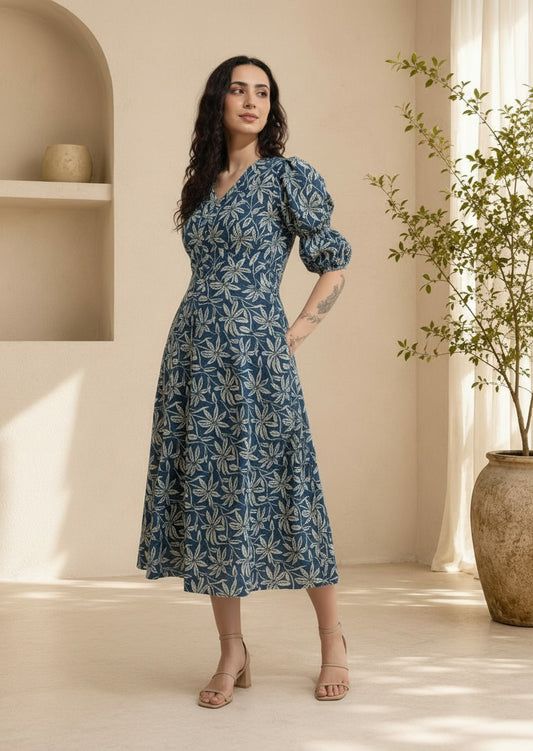 Aavinyaa Printed Cotton Blue Floral Puff Sleeve Dress with Pockets for Women