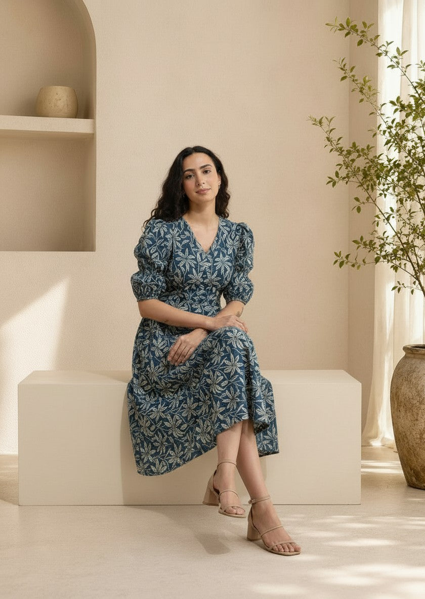 Aavinyaa Printed Cotton Blue Floral Puff Sleeve Dress with Pockets for Women