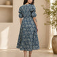 Aavinyaa Printed Cotton Blue Floral Puff Sleeve Dress with Pockets for Women
