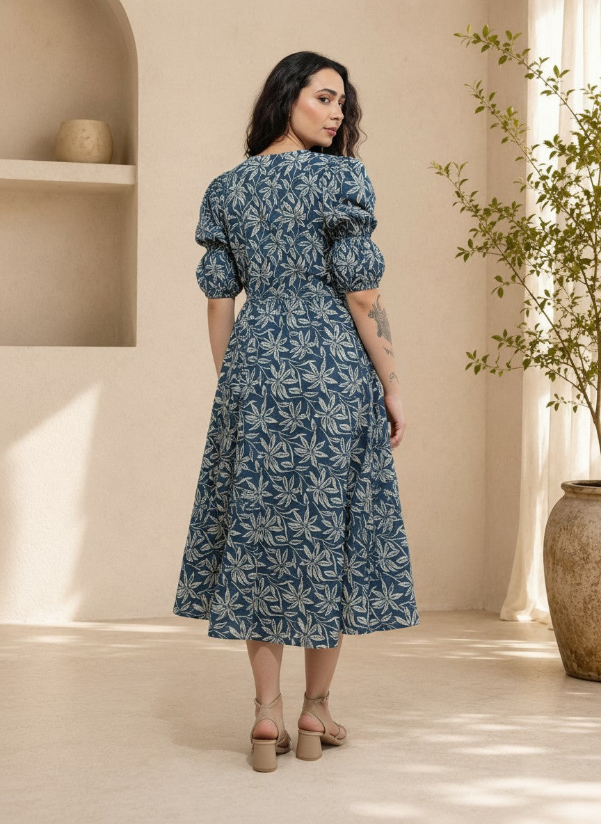 Aavinyaa Printed Cotton Blue Floral Puff Sleeve Dress with Pockets for Women