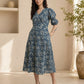 Aavinyaa Printed Cotton Blue Floral Puff Sleeve Dress with Pockets for Women