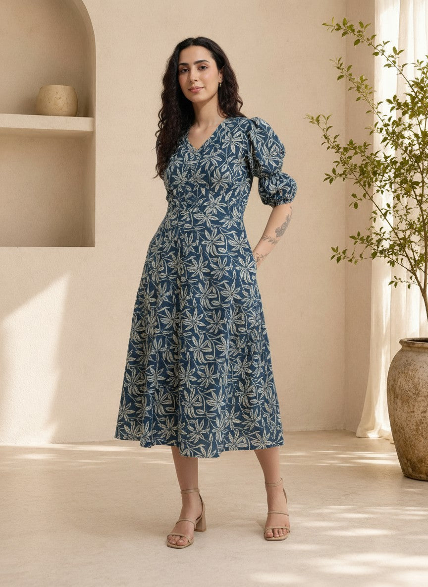 Aavinyaa Printed Cotton Blue Floral Puff Sleeve Dress with Pockets for Women