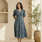 Aavinyaa Printed Cotton Blue Floral Puff Sleeve Dress with Pockets for Women