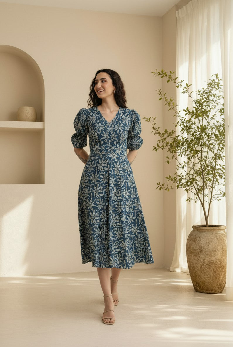 Aavinyaa Printed Cotton Blue Floral Puff Sleeve Dress with Pockets for Women