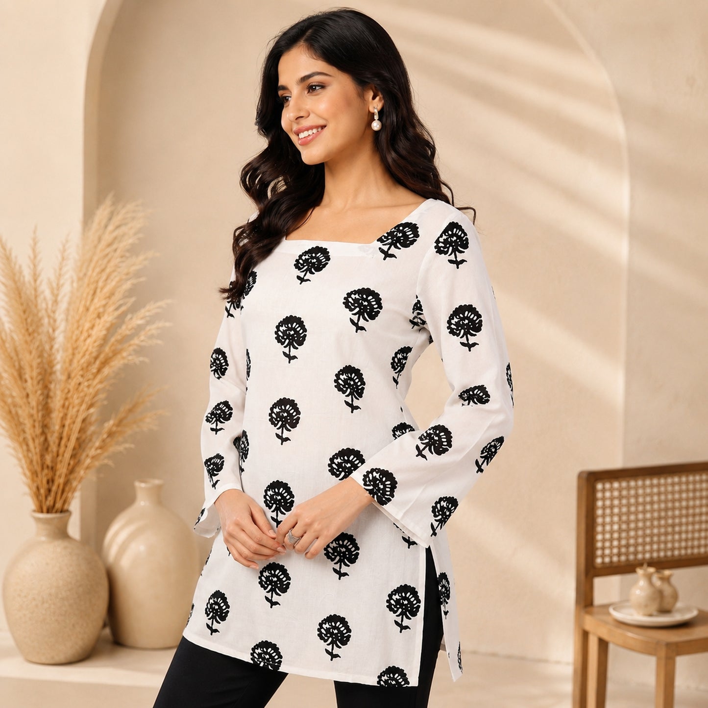 White Hand Block Printed Cotton Short Kurti With Back Tie.